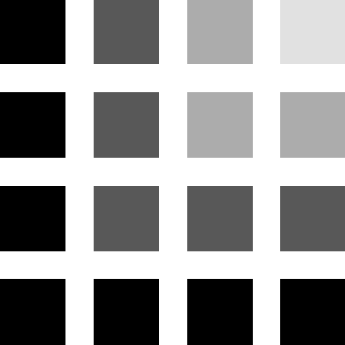 A 4x4 square of squares. The brightest one in top left.
The darker three around it. The dark five around them. The darkest 7 around them.